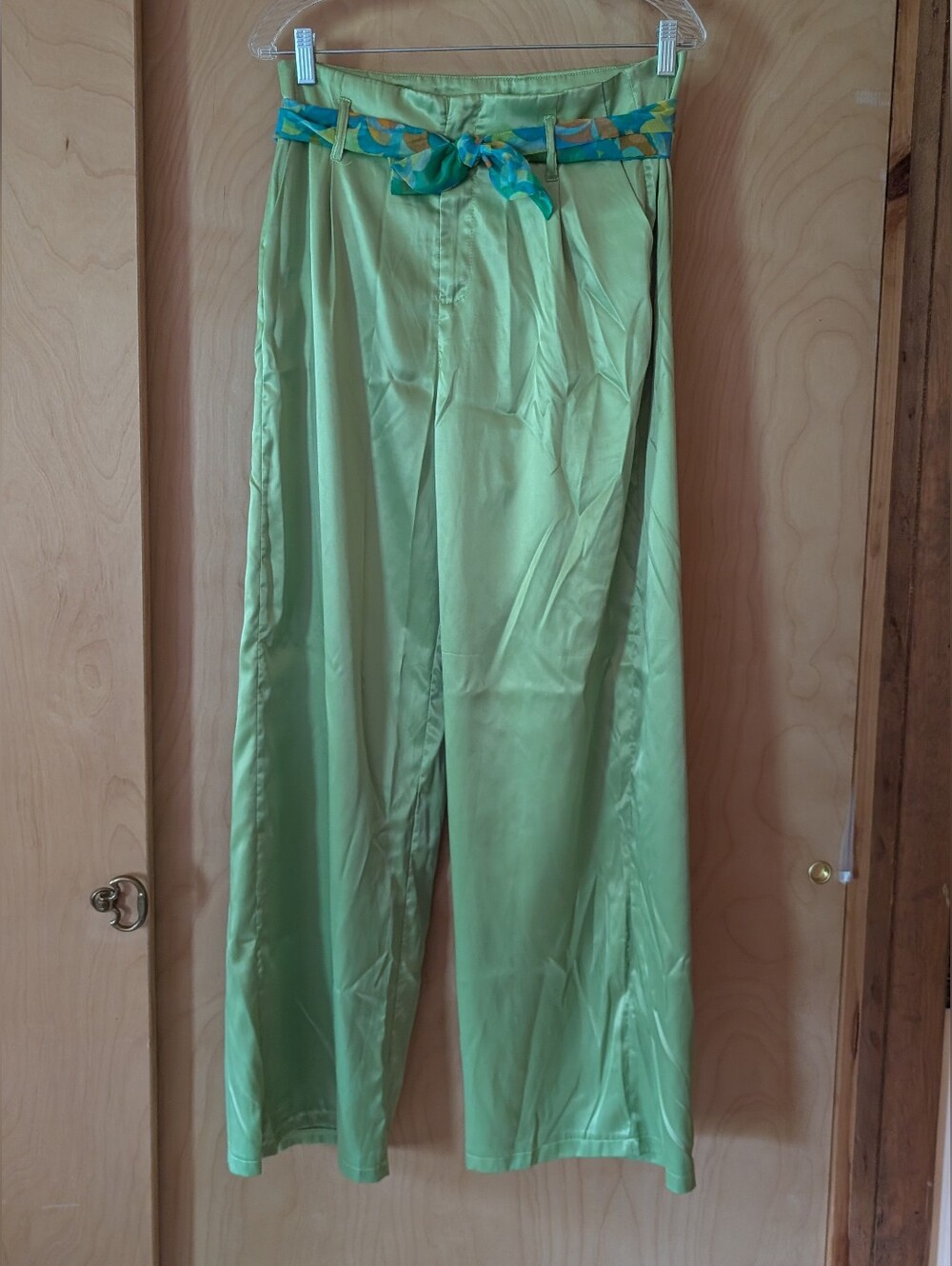Shein Green Wide-Leg Pants with Vintage Teal Scarf Belt